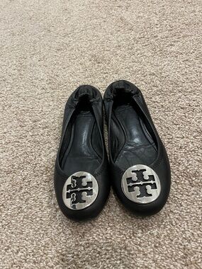 Tory Burch Black Leather Logo Round-Toe Ballet Flats